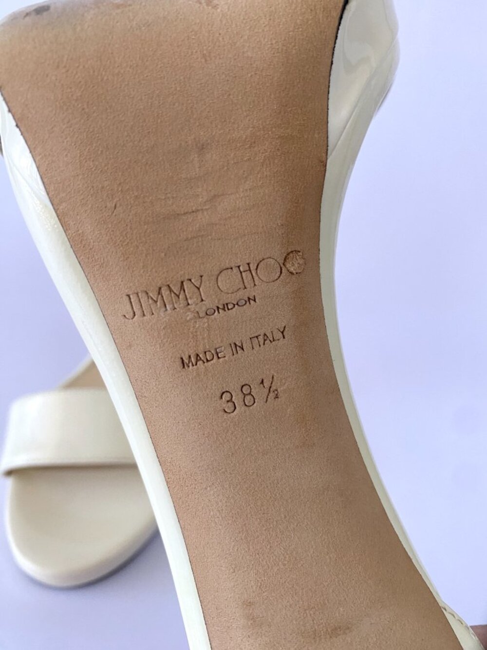 Jimmy Choo Ivory Patent Leather Ankle-Strap Platform Sandals - Picture 10 of 11